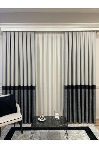 Panel Pattern Jacquard 1/3 Dense Pleat Blackout Curtain - Bottom: Mustard-Navy / Top: Gray