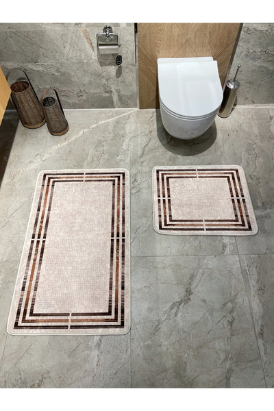 Beige Striped 2-Piece Leather Base Bathroom Mat Set (60x100 - 60x50)
