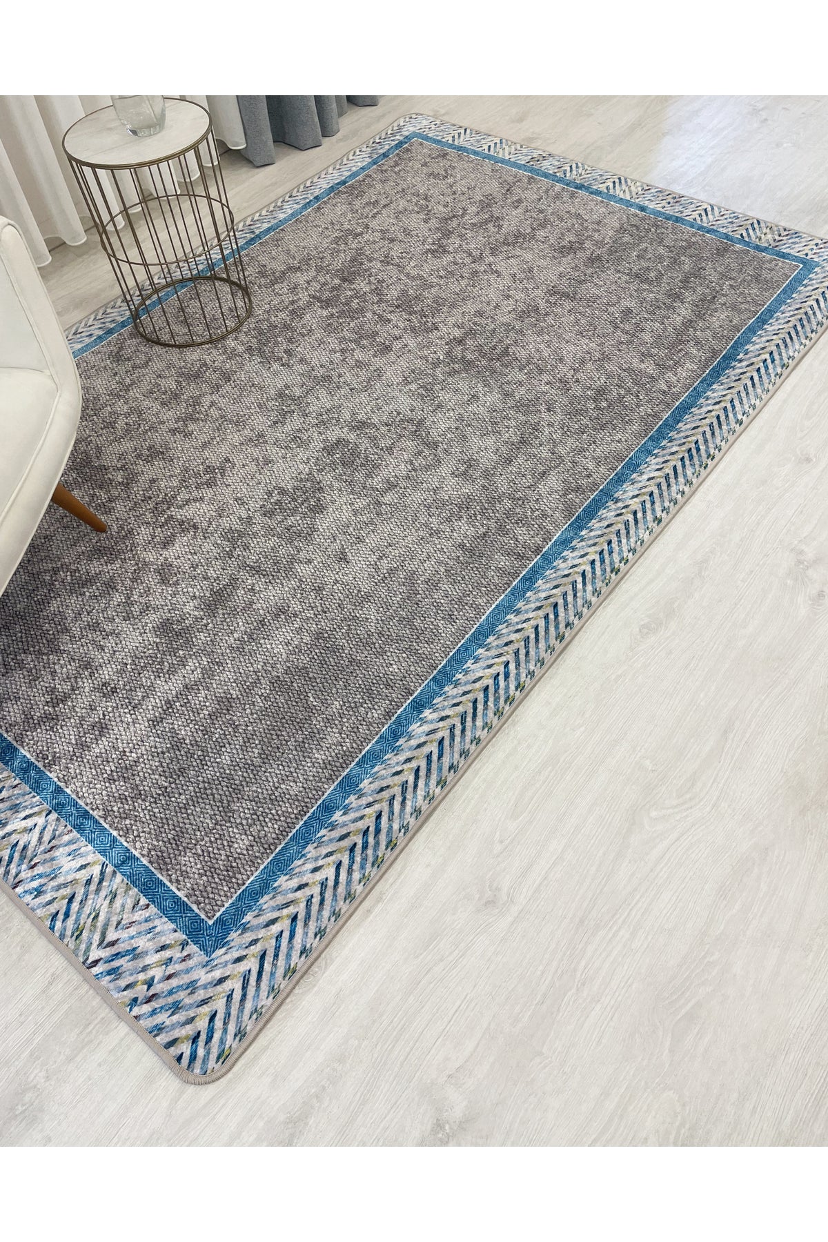 Blue Bordered Wicker-Look Non-Slip Base Rug