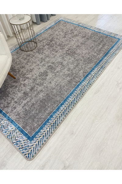Blue Bordered Wicker-Look Non-Slip Base Rug