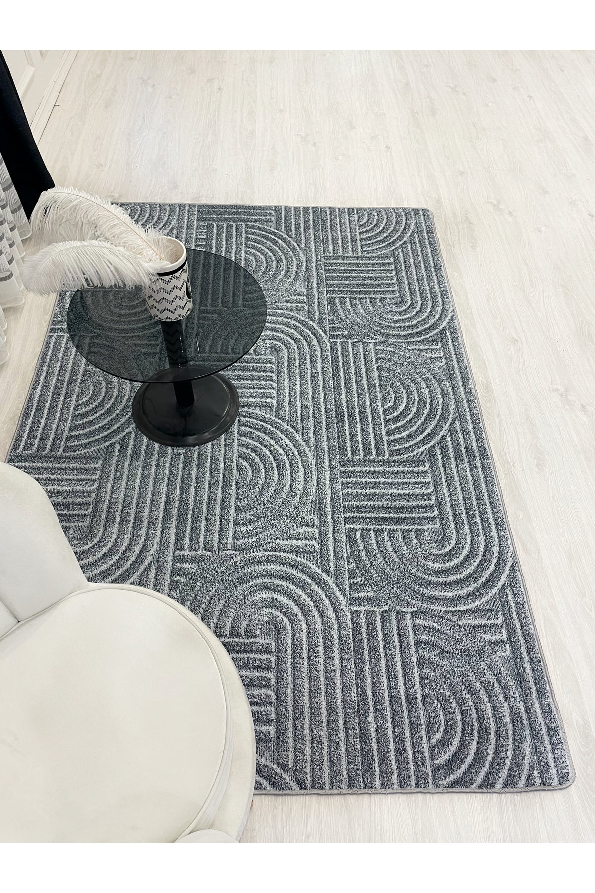 Beige Embossed Look Latex Leather Base Rug