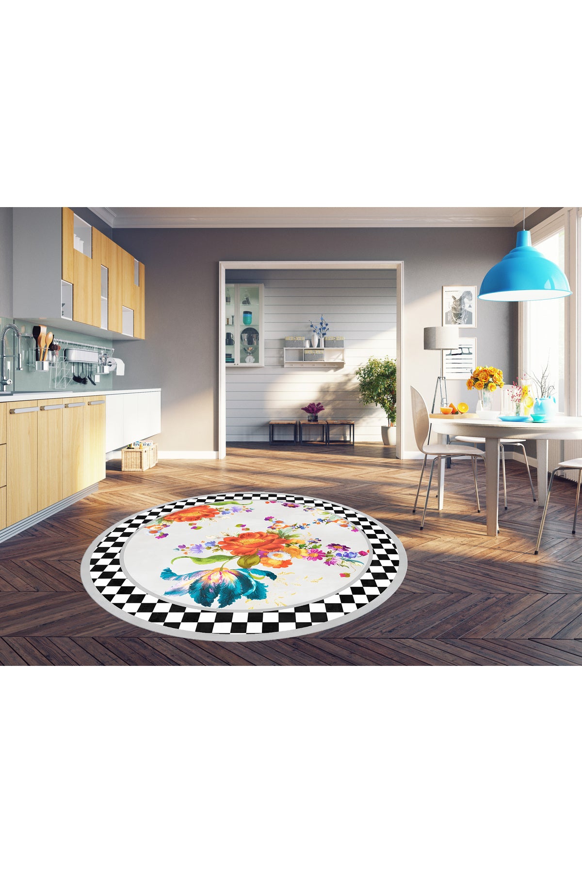 Gray Floral Checkered Round Latex Base Fringeless Rug