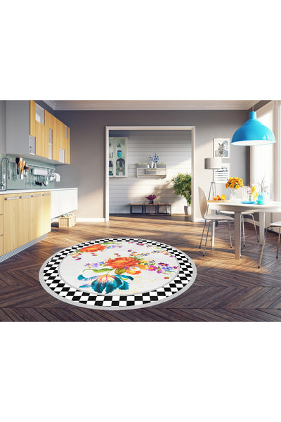 Gray Floral Checkered Round Latex Base Fringeless Rug