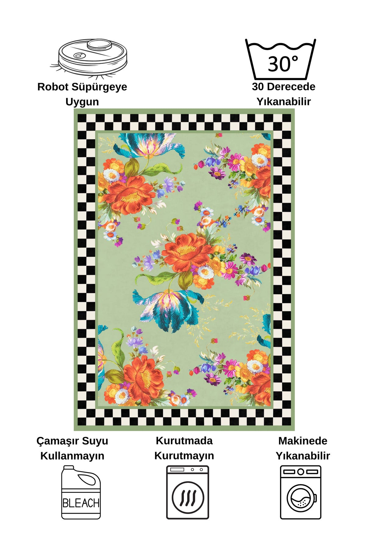 Floral Checkered Latex-Backed Fringe-Free Runner Kitchen Rug