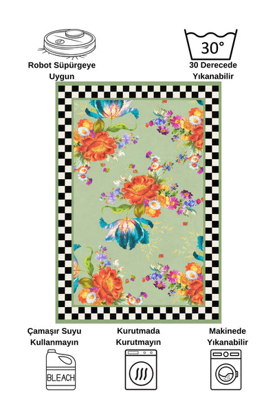 Floral Checkered Latex-Backed Fringe-Free Runner Kitchen Rug