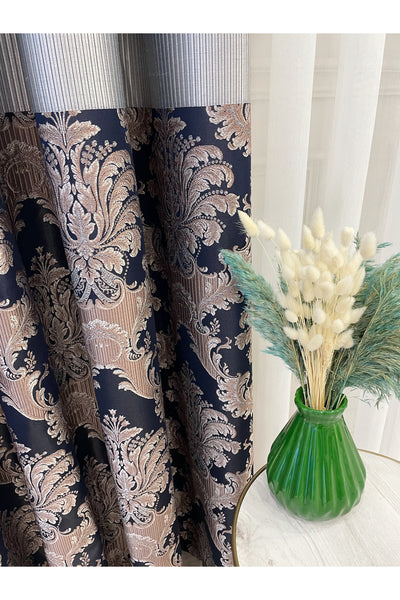 Gray Brown Damask Pattern Jacquard 1/3 Tight Pleat Jacquard Blackout Curtain