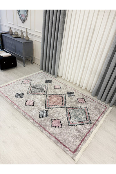 Beige - Powder Pink Ethnic Pattern Latex Non-Slip Base Rug