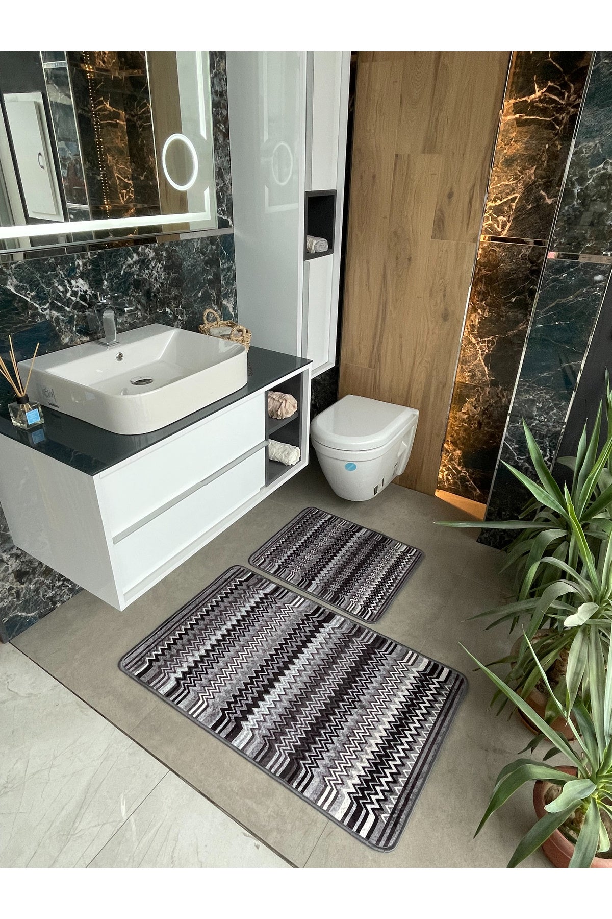 Zigzag Patterned 2-Piece Leather Base Bathroom Mat Set (60x100 - 60x50)