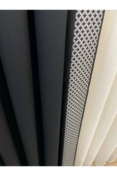 Panel Pattern Jacquard 1/3 Dense Pleat Blackout Curtain - Anthracite Gray - Gold Border