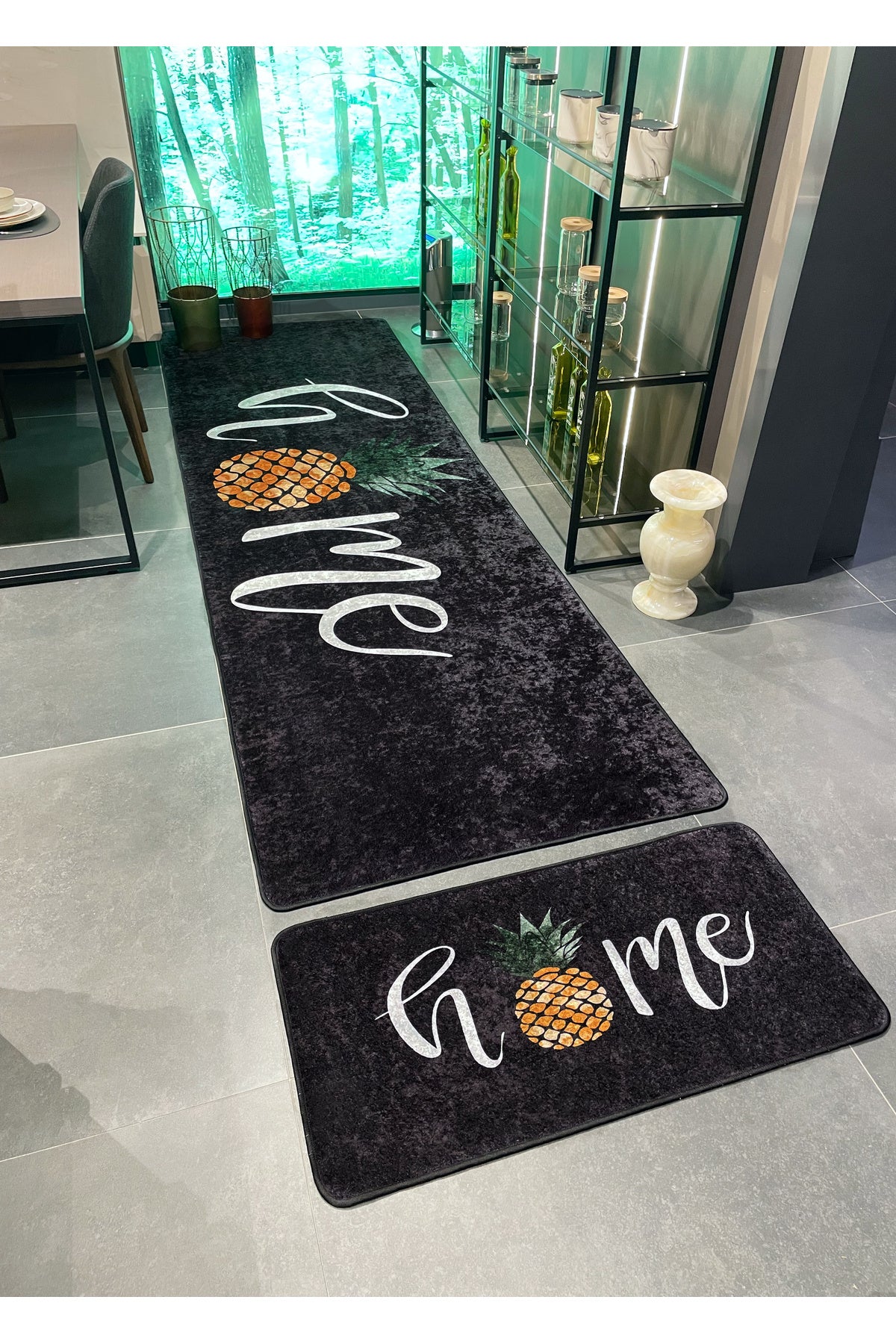 Home Pattern Latex Leather Base Kitchen Rug - BLACK