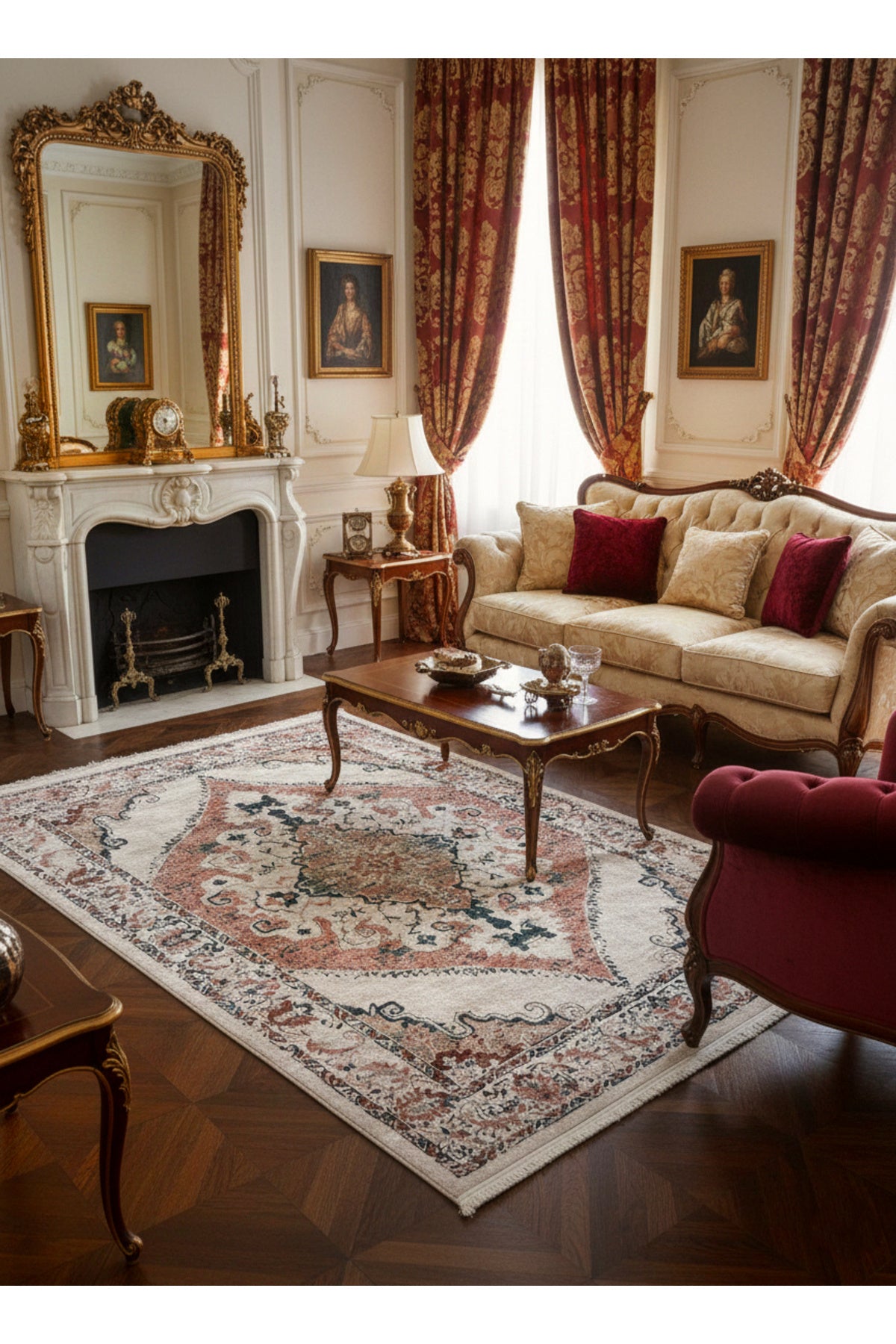 Gokbekli Damask Pattern Latex Base Living Room Rug