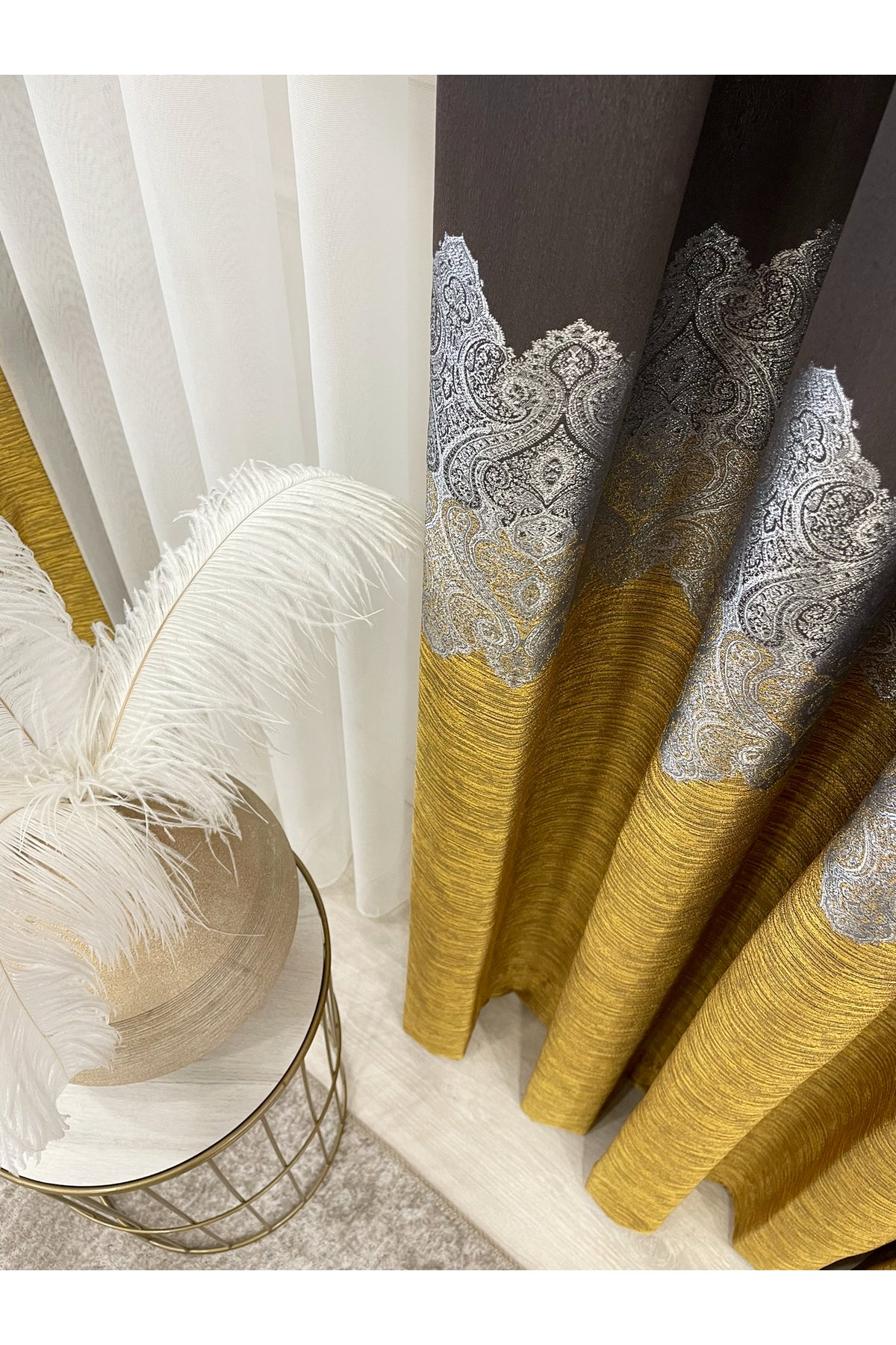Brown Gold - Damask Patterned 1/3 Dense Pleated Blackout Curtain