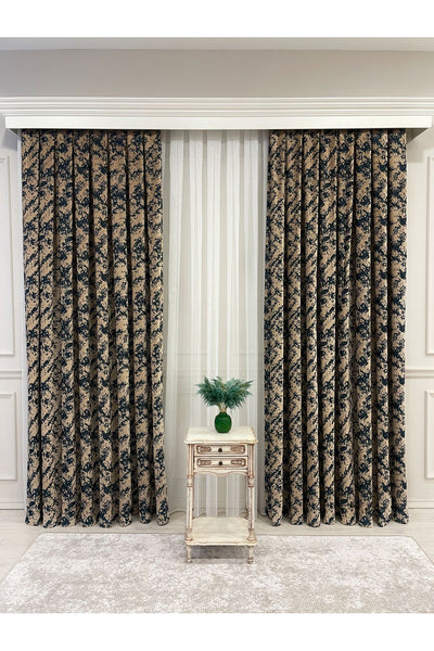 Brown-Navy Blue Chenille Pattern Jacquard 1/3 Dense Pleated Jacquard Blackout Curtain
