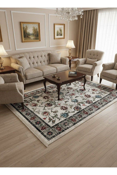 BEIGE-BLUE Traditional Distressed FRINGED Classic Non-Slip Base Rug