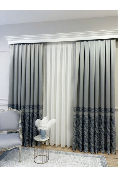 Gray Striped Pattern 1/3 TIGHT Pleat Jacquard Blackout Curtain