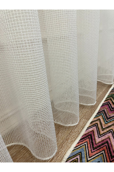 Modern Dokulu Kare Petekli 1/2,5 Pile - EKRU - KREM Tül Perde