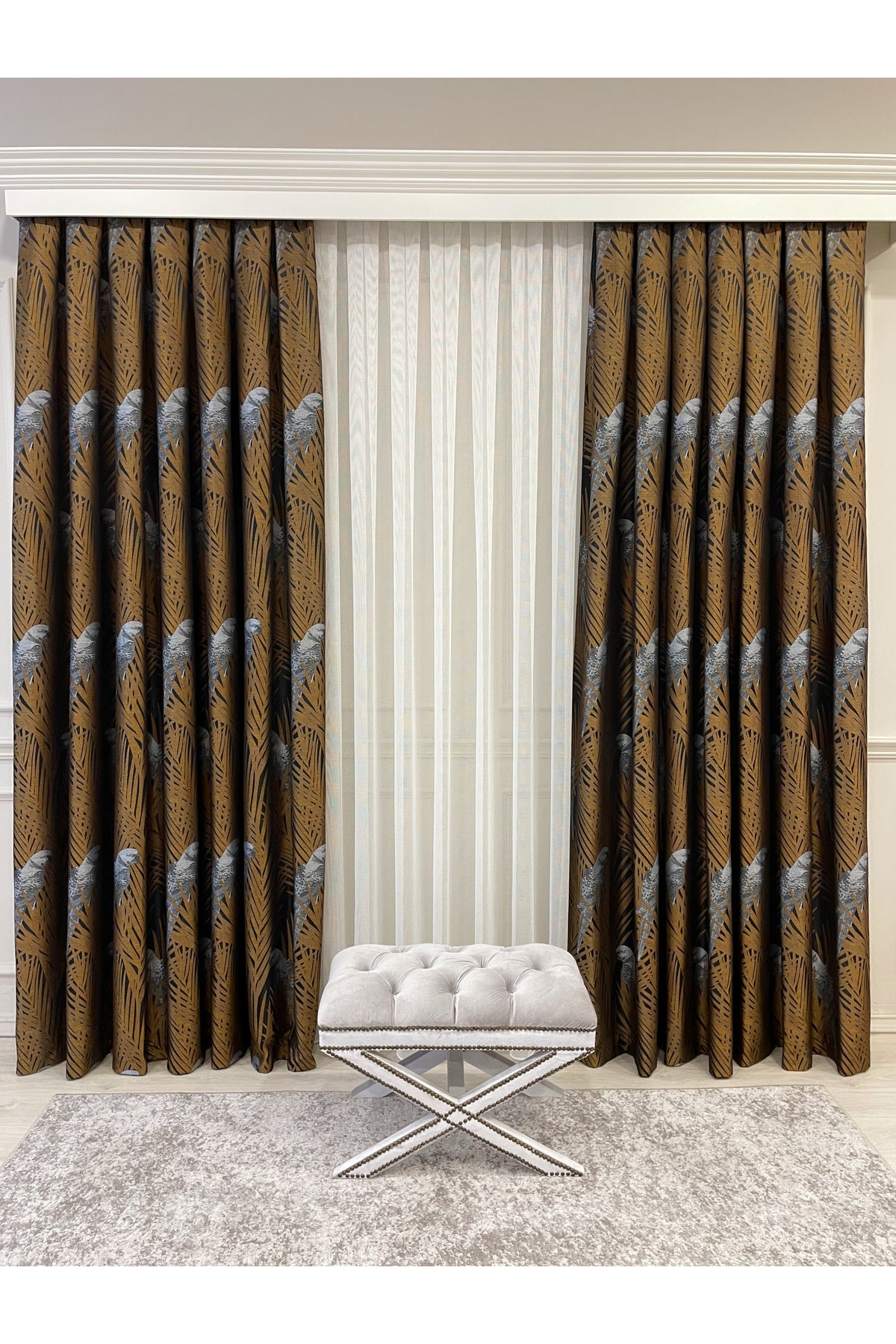 Brown-Navy Blue Bird Patterned 1/3 Dense Pleated Blackout Curtain