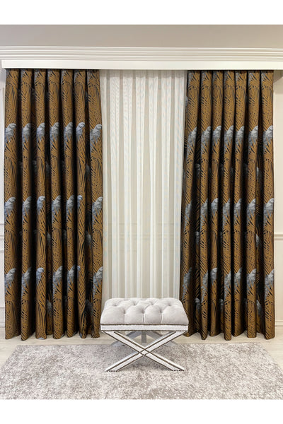 Brown-Navy Blue Bird Patterned 1/3 Dense Pleated Blackout Curtain