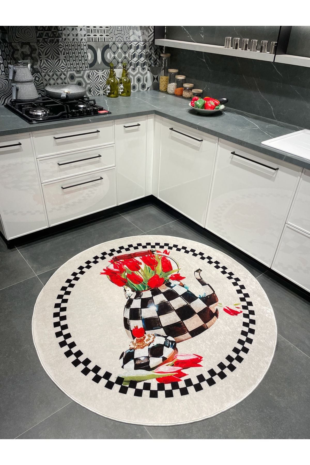 MacKenzie Checkered Latex Leather Base Kitchen Rug