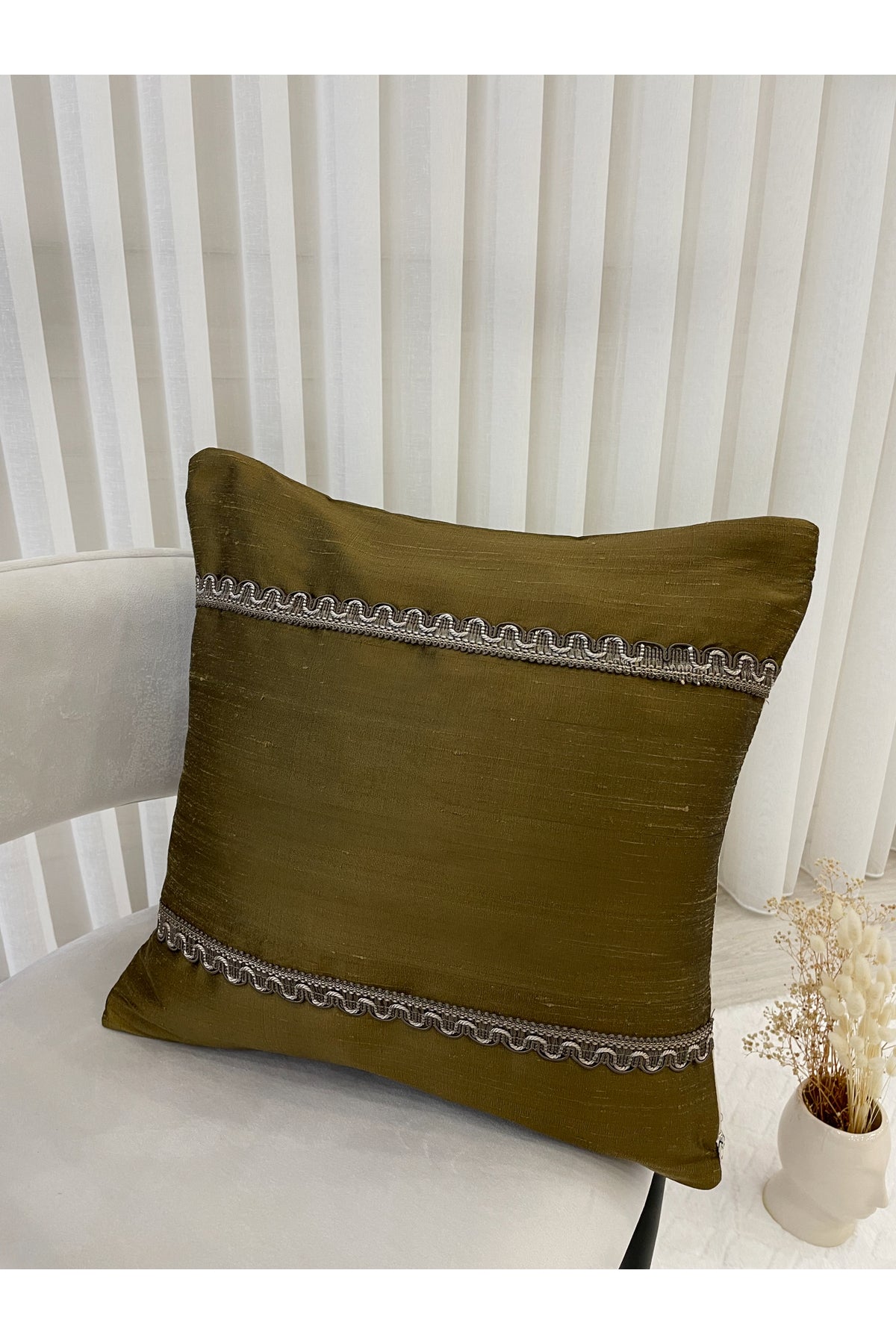 Imported Silk Cushion Pillow Cover with Cord (Oil Green)