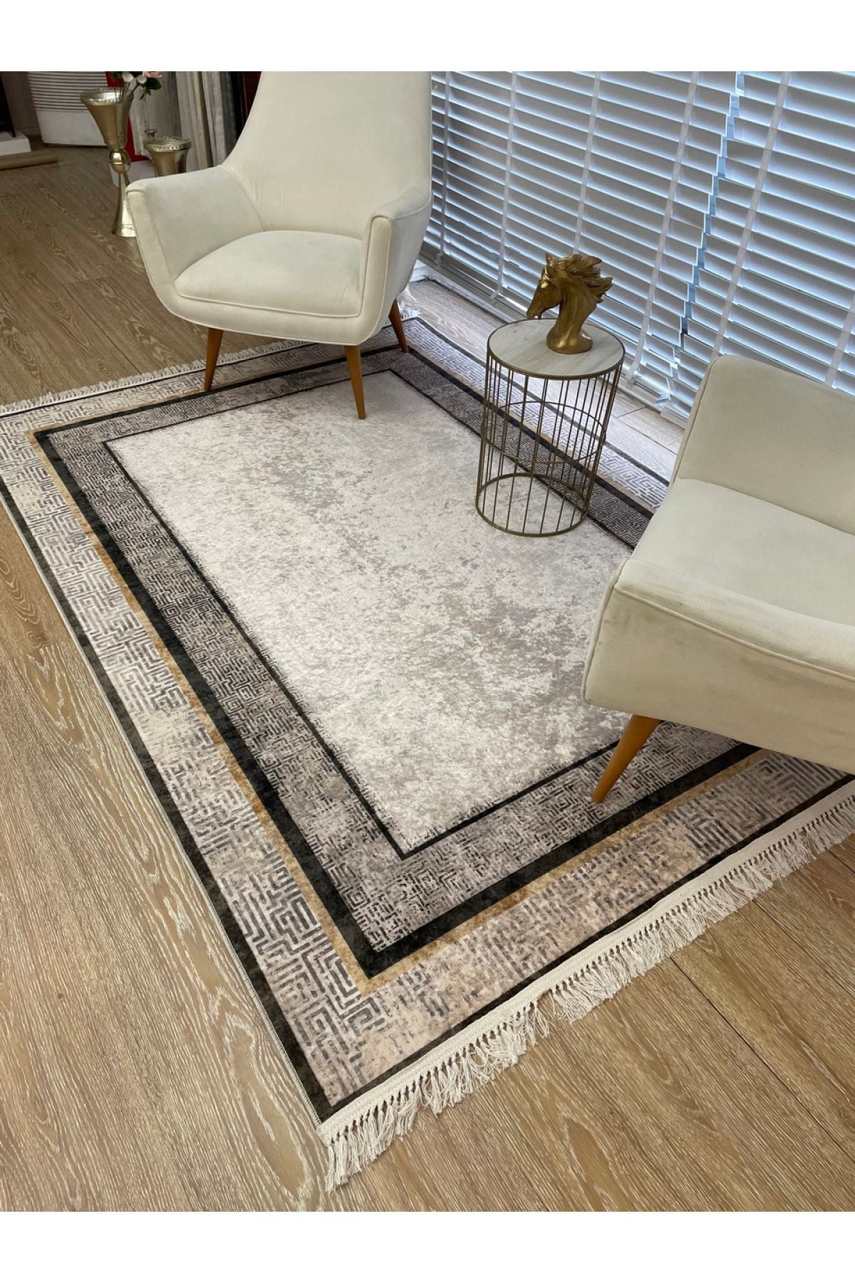 Vilmar Modern Striped Latex Leather Base Fringed Rug - Beige