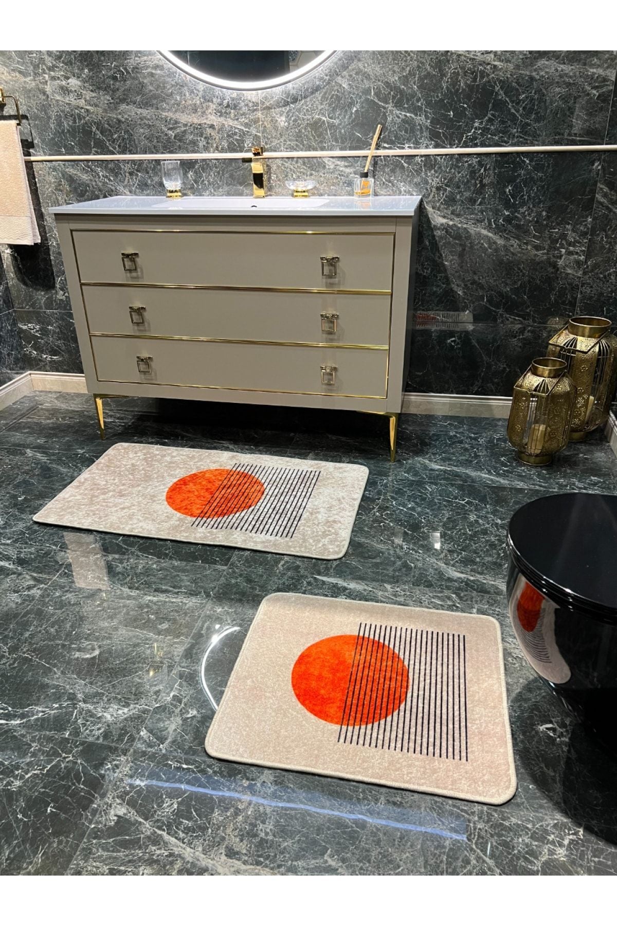 2' Li Tablo Desenli Yıkanabilir Banyo Paspas Takımı (60x100 - 60x50) - Turuncu-bej