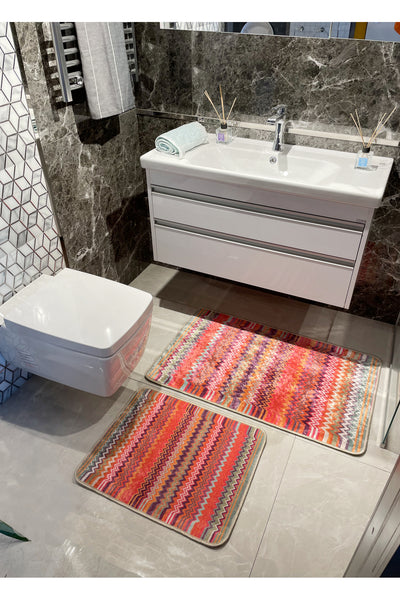Zigzag Patterned 2-Piece Leather Base Bathroom Mat Set (60x100 - 60x50)