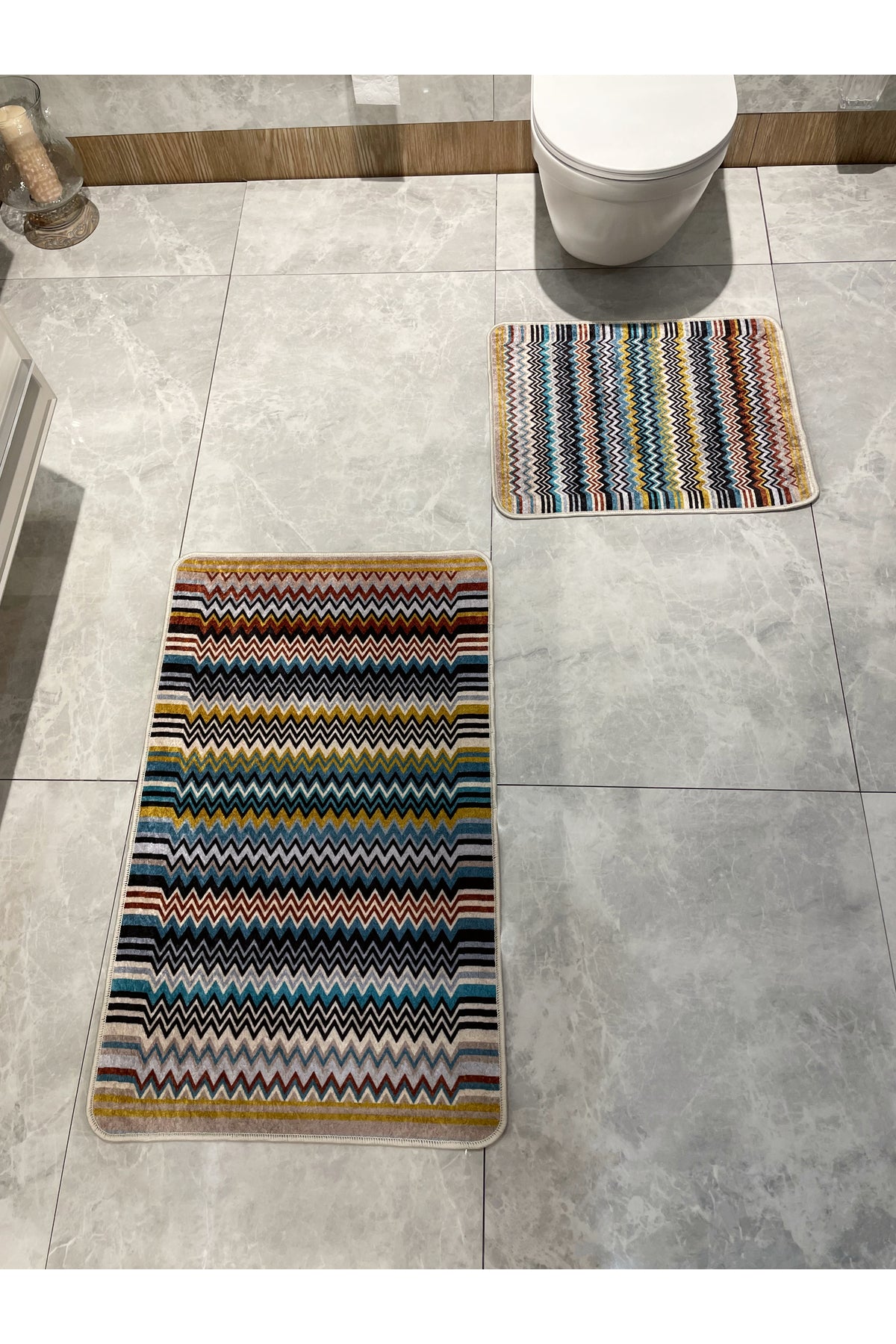 Zigzag Patterned 2-Piece Leather Base Bathroom Mat Set (60x100 - 60x50)