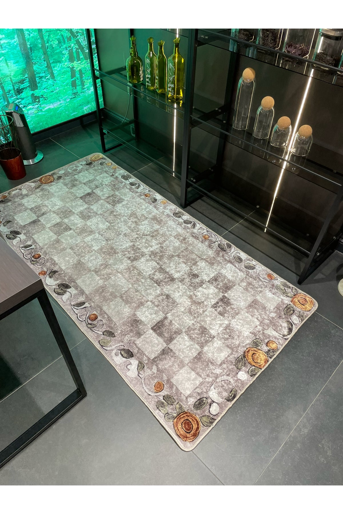 Beige Orange Checkered Pattern Non-Slip Base Kitchen Rug