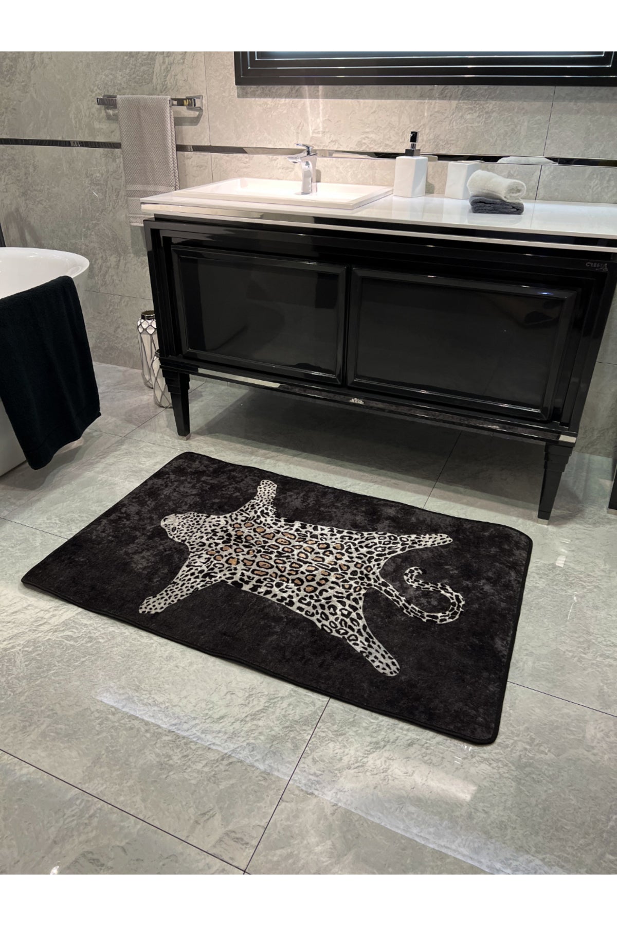 Leopard Pattern Washable 80x120 Single Bath Mat - Black