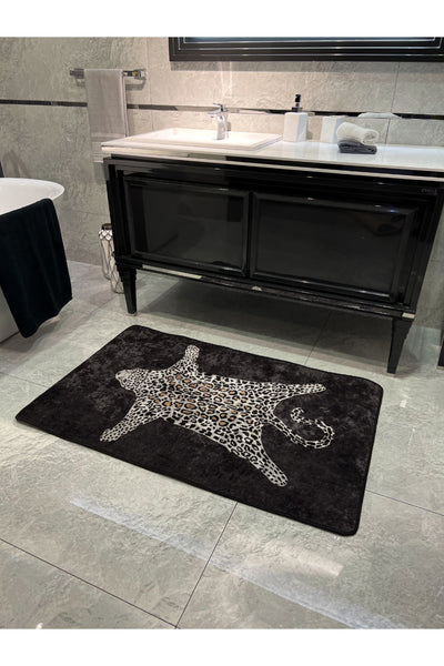 Leopard Pattern Washable 80x120 Single Bath Mat - Black