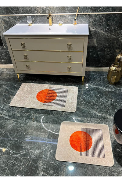 2' Li Tablo Desenli Yıkanabilir Banyo Paspas Takımı (60x100 - 60x50) - Turuncu-bej