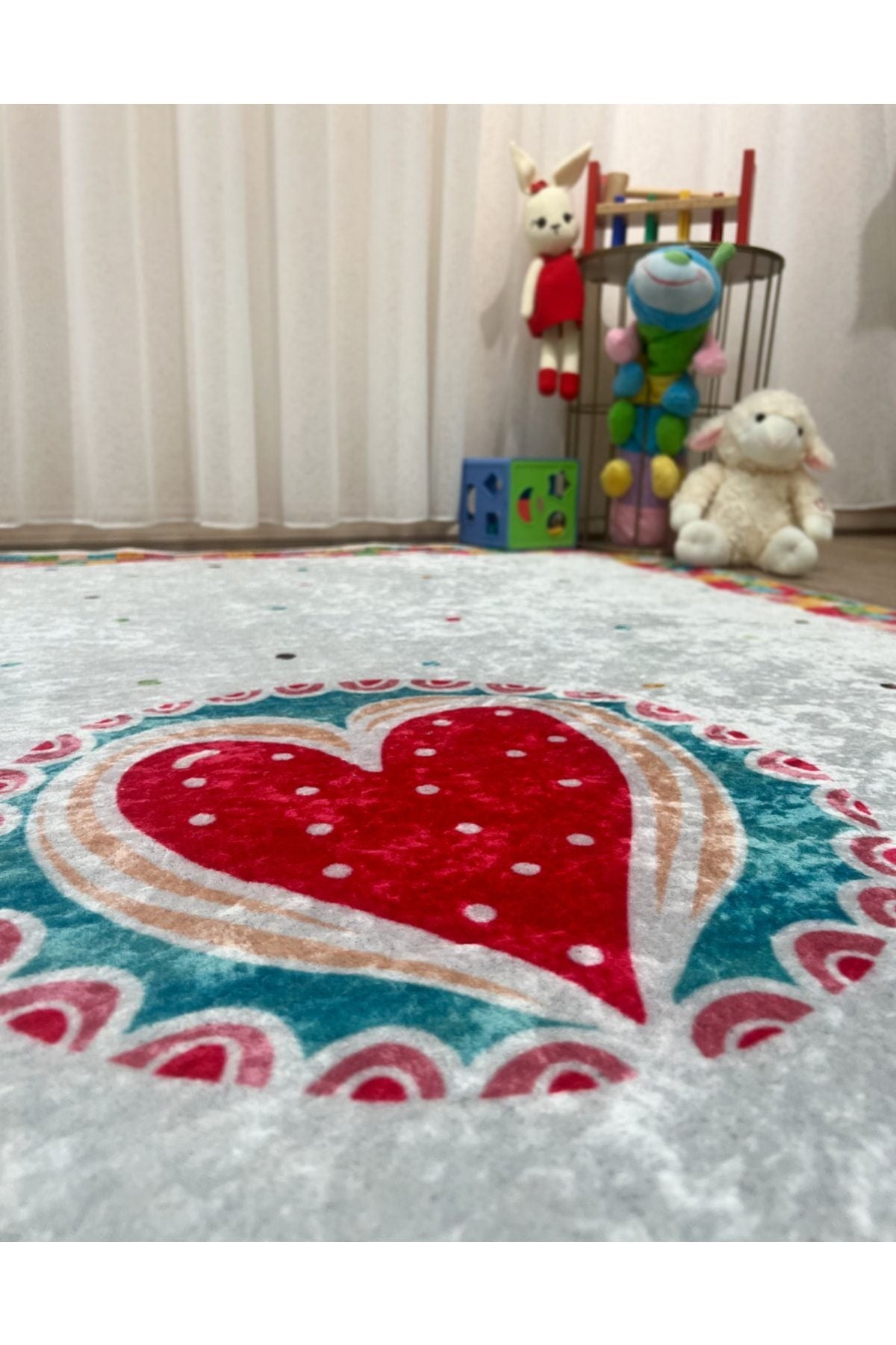 Kalpli Puantiyeli Desen Yıkanabilir Çocuk bebek Halısı - Gri