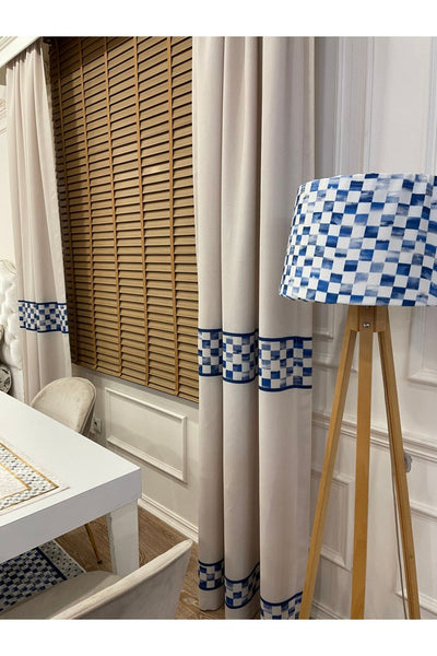 No-Pleat Extra-Reinforced Checkered Blackout Curtain - Beige-Blue