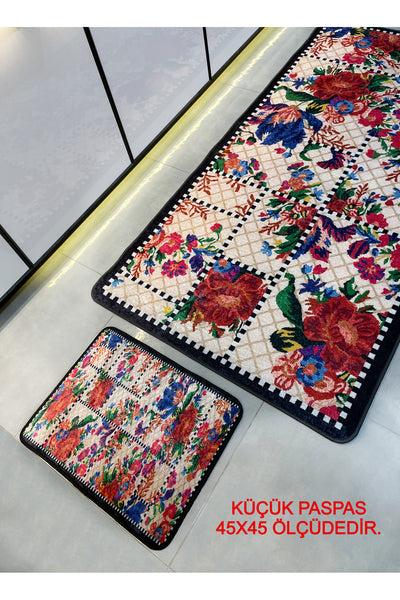 Beige Black Floral Checkered Kitchen Rug