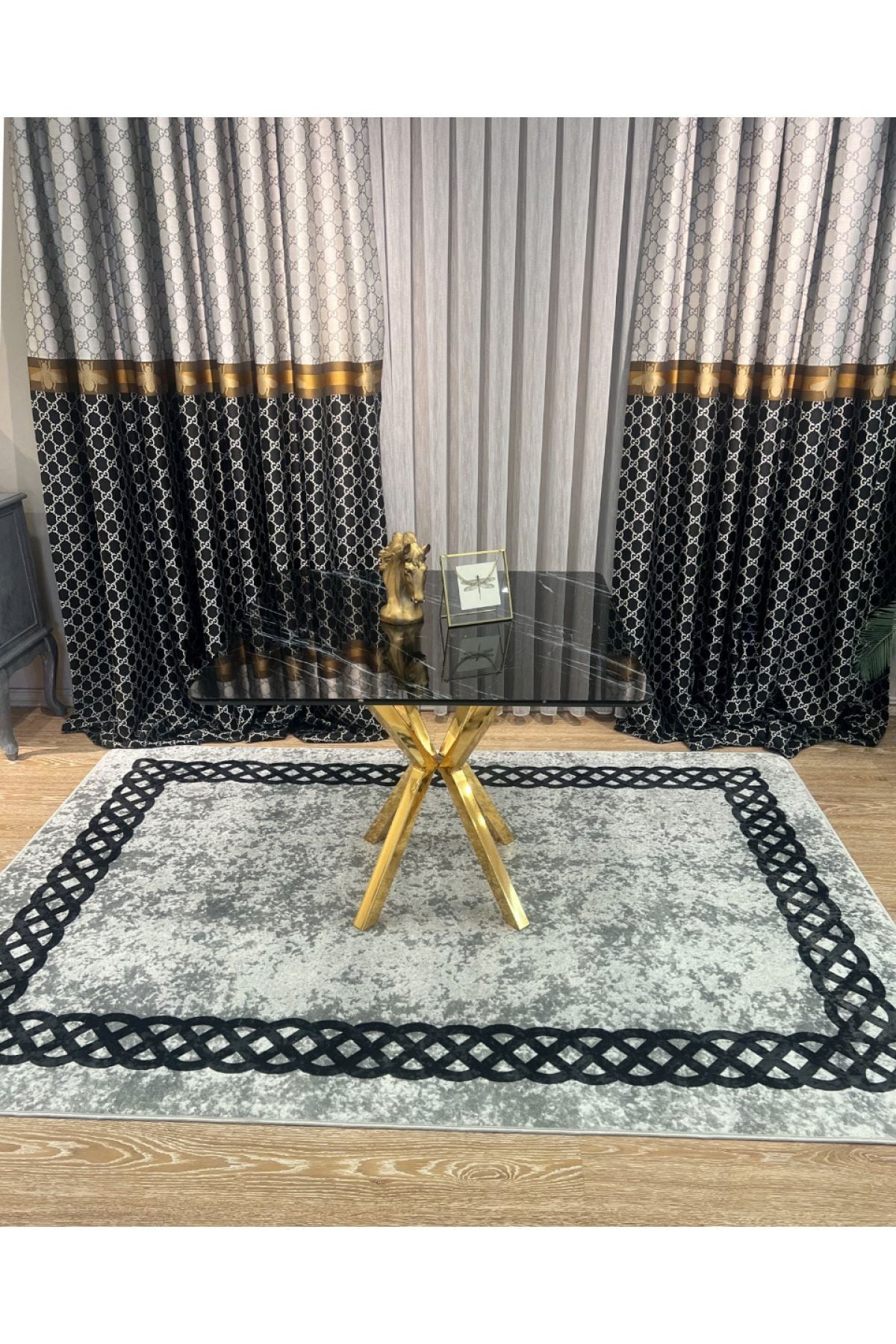 Chain Patterned Gray - Black Decorative Rug