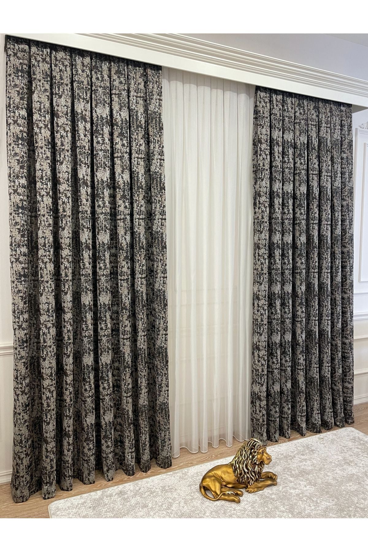 Orange - Brown Abstract Pattern 1/3 Tight Pleat Jacquard Woven Blackout Curtain