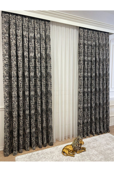 Orange - Brown Abstract Pattern 1/3 Tight Pleat Jacquard Woven Blackout Curtain