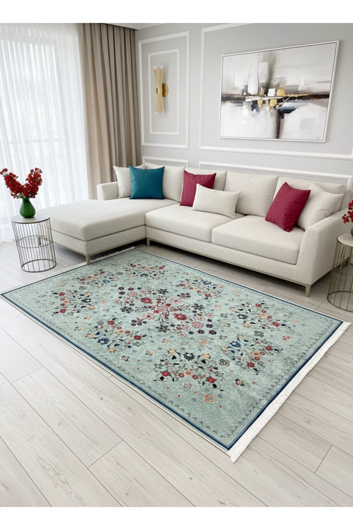 BEIGE Floral Patterned Vintage Latex Base Rug