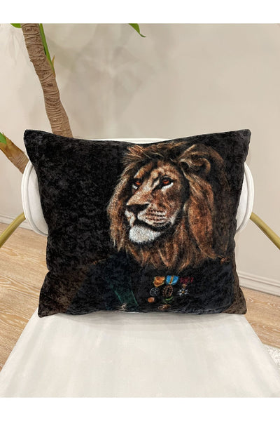 %100 Velvet Lion Print Cushion Cover (Black)