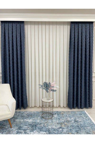 Indigo Blue Pompom Puffy Blackout Curtain 1/3 Dense Pleat