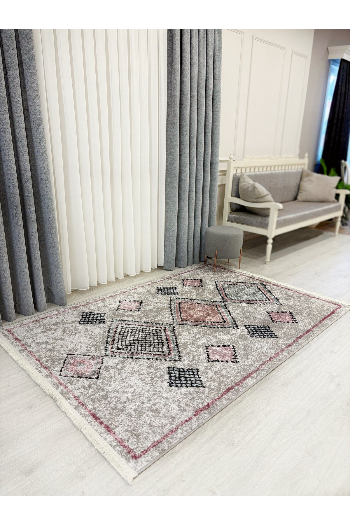 Beige - Powder Pink Ethnic Pattern Latex Non-Slip Base Rug