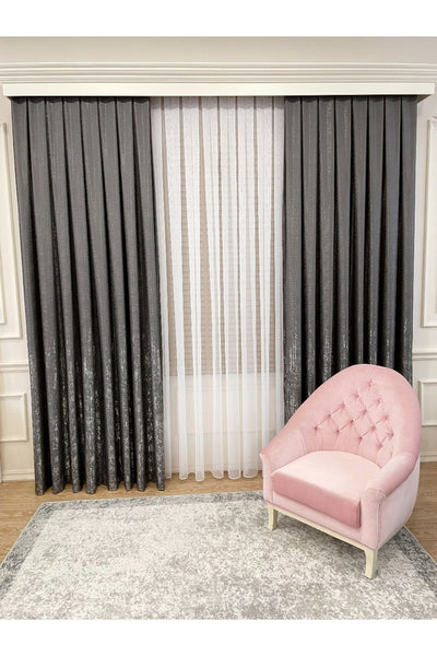 Jacquard Ground Foil Print 1/3 Dense Pleat Blackout Curtain - Beige - Gold Foil