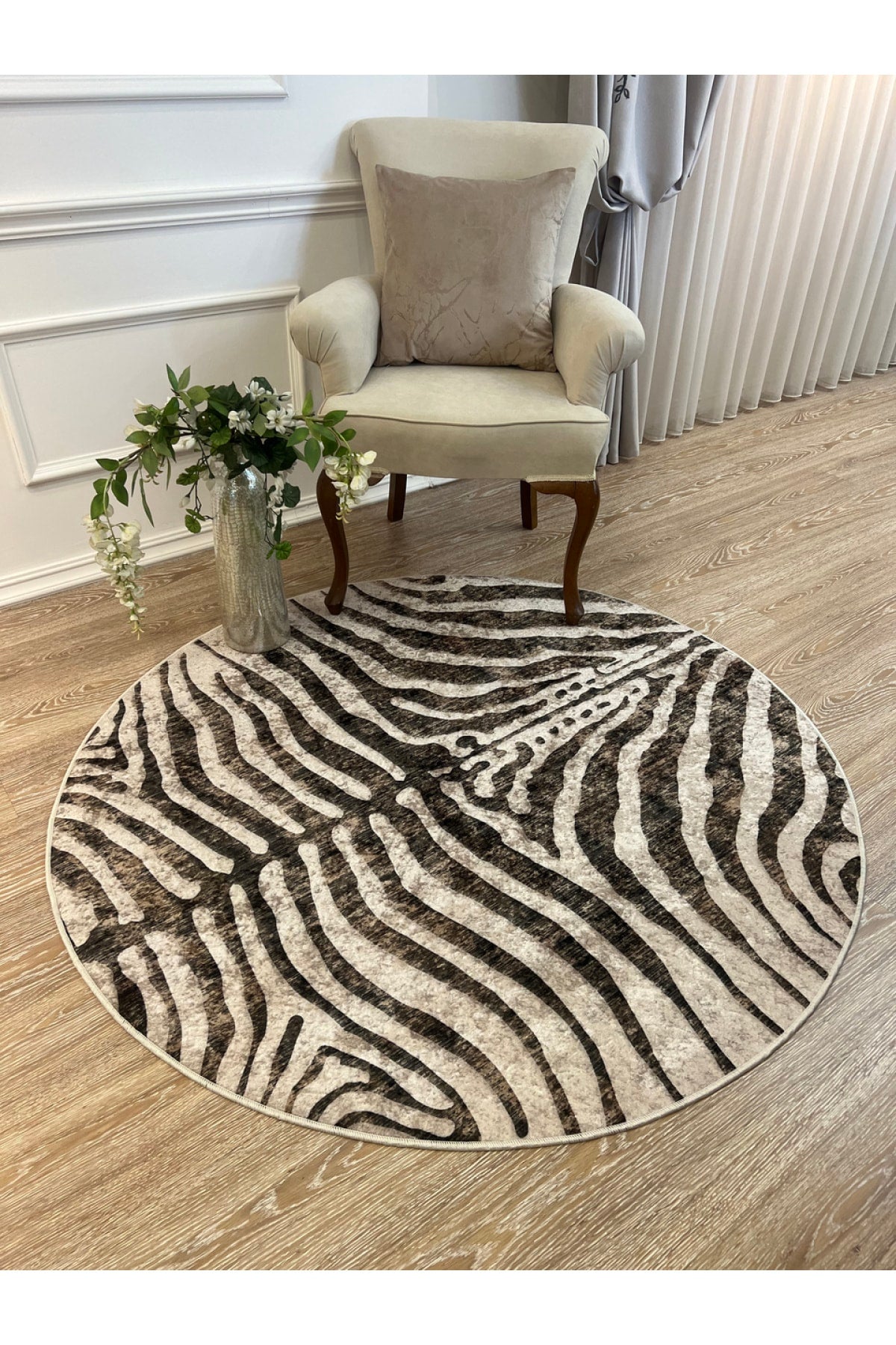 Zebra Print Round Black - Gray Decorative Rug
