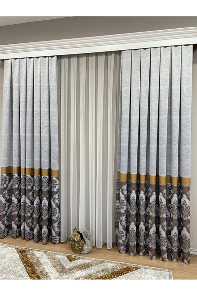 Gray Brown Damask Pattern Jacquard 1/3 Tight Pleat Jacquard Blackout Curtain