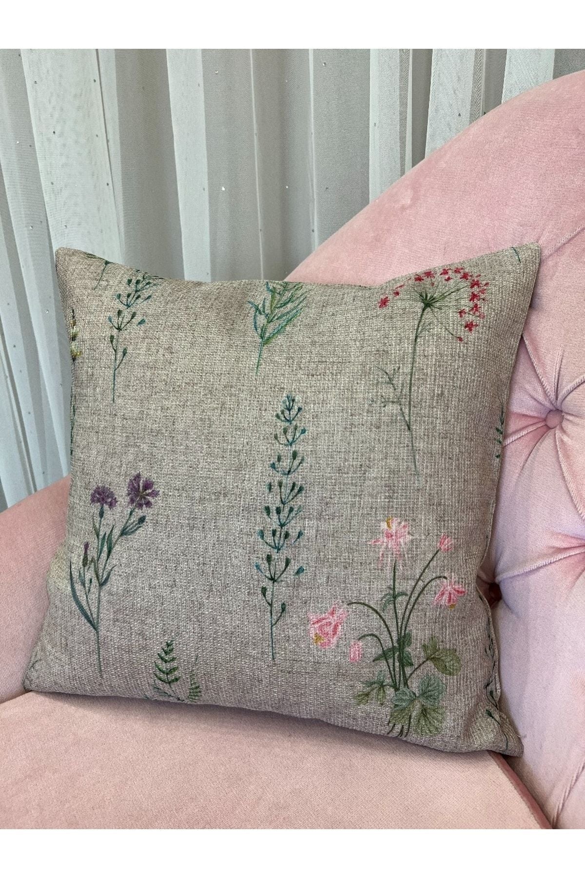 Country Collection Natural Linen Floral Cushion Cover