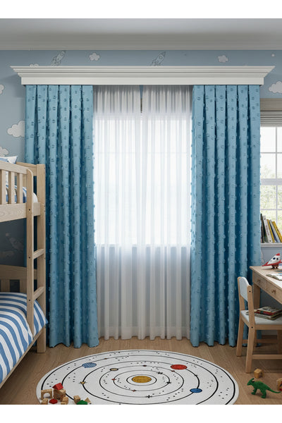 Blue Children's Room Pompom Puffy Blackout Curtain 1/3 Dense Pleating