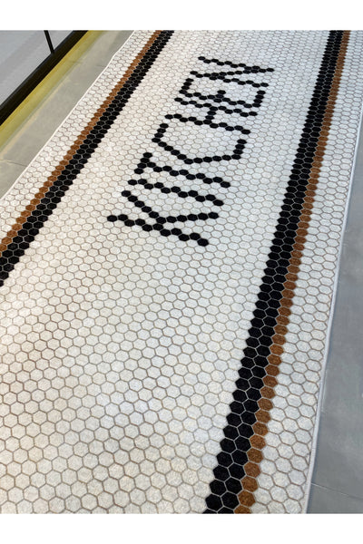 Kitchen Honeycomb Ecru Kitchen Runner Rug