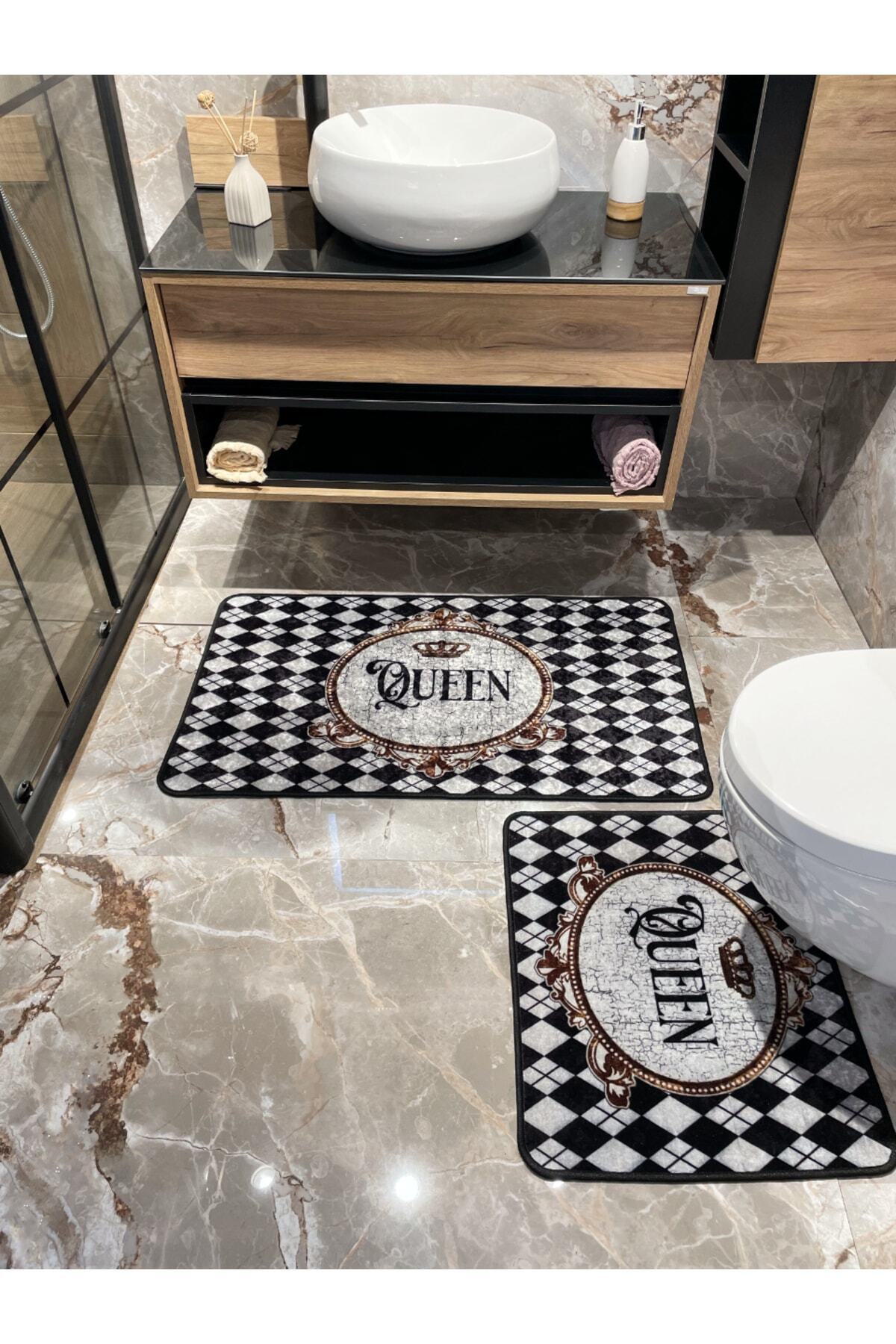2'li Quenn Sloganlı Banyo Paspası Gri (ebat 60x100 - 60x50 )