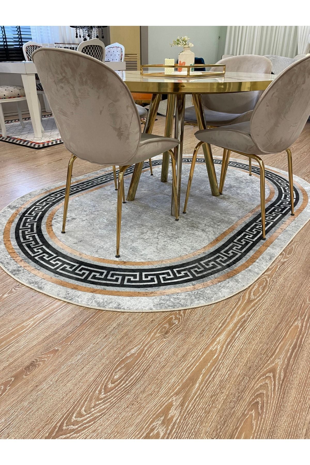 Classic Bordered Striped Oval Latex Leather Base Fringeless Living Room Rug - Gray